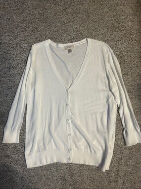LOFT White V-Neck Lightweight Button Cardigan